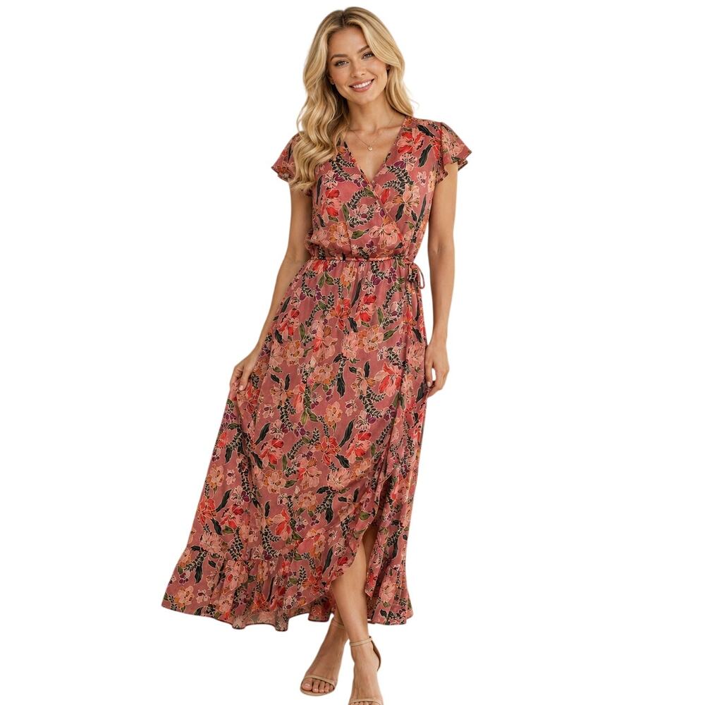 Band of Gypsies Maxi Dress Womens Medium Pink Floral Flutter Sleeve Boho Resort